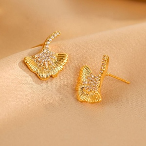 Pendientes de Botón Geométricos Chapados en Oro con Circonita y Hoja de Ginkgo Vintage, Estilo INS Exquisito, Regalo de Moda de Lujo - Product Image 6