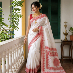 Sari indien en soie blanche à motifs floraux avec bordure rouge, tenue de mariage traditionnelle indienne pour femmes, longueur au sol, coupe classique, toutes saisons - Product Image 1