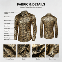 Chemises personnalisées élégantes à imprimé floral doré, chemises décontractées à boutons pour hommes, chemises dorées