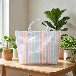 Custom Print Polyester <b>Canvas</b> Glossy PVC Coating Tote Bag Women Travel Shoulder Bag Waterproof Beach Bag - Product Image 4
