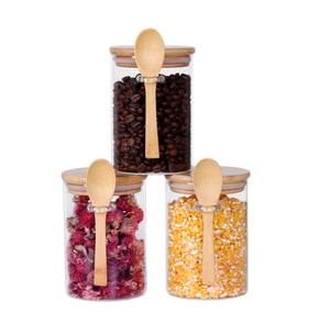 SINCERE 3-Piece Round Borosilicate Glass <strong>Spice</strong> Storage Jars with Bamboo Lids Aluminum Spoon Kitchen Organizer Storage Bottles - Product Image 1