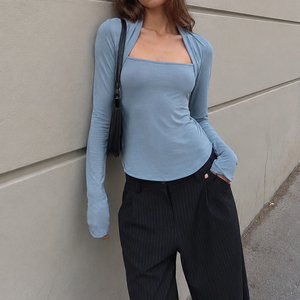 Top de punto de color liso y manga larga, camiseta básica para mujer con hombros descubiertos, top informal para combinar, moda minimalista Y2K - Product Image 1