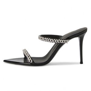 Mules à talons ouverts tendance de luxe pour femmes, grandes tailles, avec chaîne en métal ornée de diamants, pantoufles élégantes pour femmes - Product Image 1
