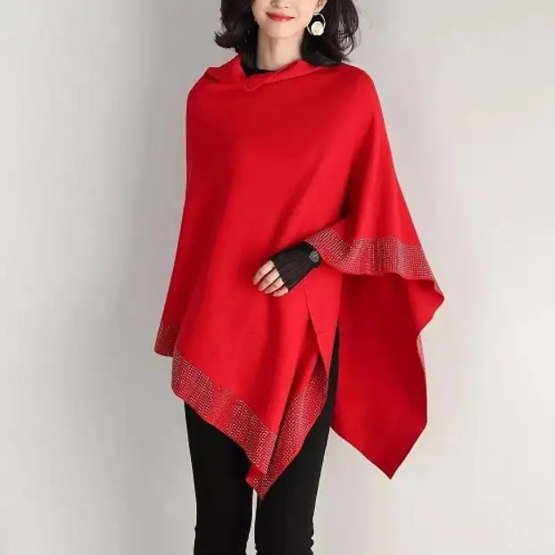 Diamond High Quality Soild Knitted Retro Cape Coat Loose Women Poncho Shiny Women's Wool Shawl