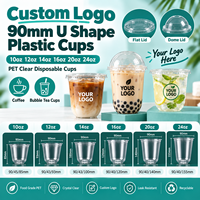 Gobelets en plastique PET transparents jetables en forme de U de 90 mm avec couvercles, personnalisables avec logo, 10oz, 12oz, 14oz, 16oz, 20oz, 24oz, pour café et bubble tea