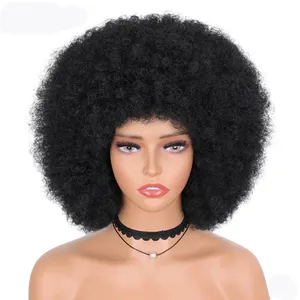  Wig keriting ikal Afro dengan poni Wig rambut halus pendek untuk wanita warna hitam rambut manusia tanpa lem hitam alami