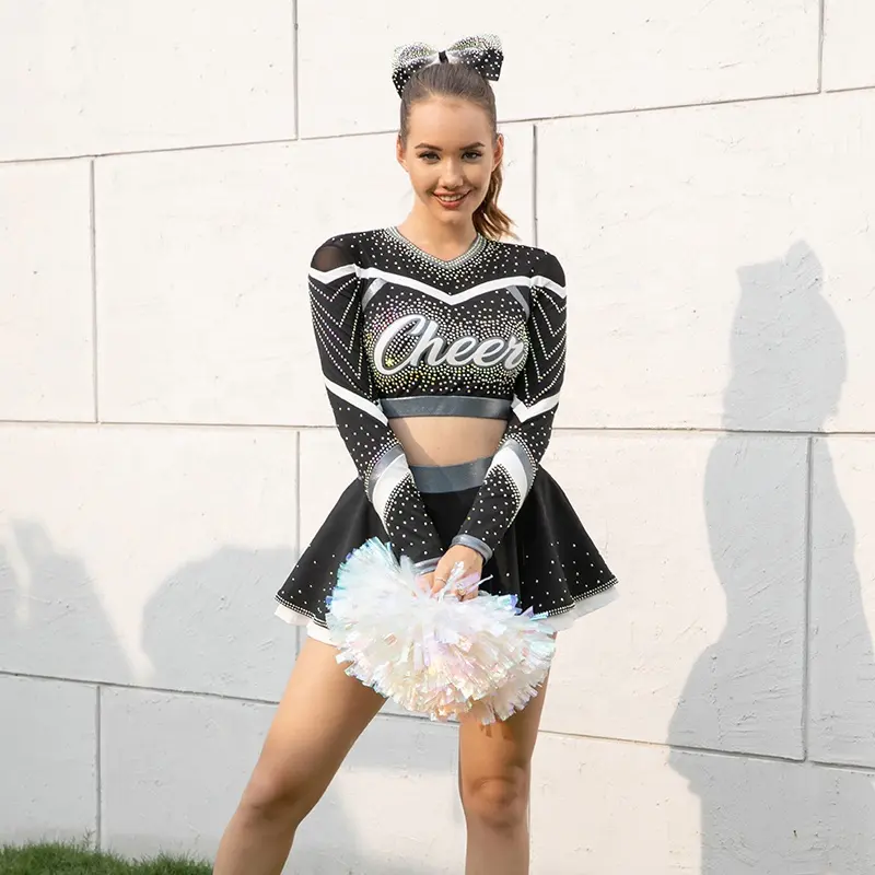 Atacado Custom Design Cheer Trajes De Dança Mangas Compridas Cheerleading Uniformes Preto