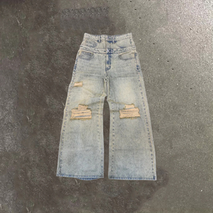 <span class=keywords><strong>Jeans</strong></span> larghi <span class=keywords><strong>in</strong></span> cotone <span class=keywords><strong>elastico</strong></span> di alta qualità tessuto Denim nero pesante effetto di lavaggio del sole doppia cintura personalizzabile - Product Image 1