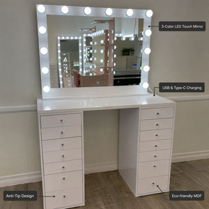Tocador de Maquillaje Blanco Brillante OEM <span class=keywords><strong>con</strong></span> Espejo Iluminado y Estante Trasero, Perillas de Cristal, Diseño Personalizado, Mesa de Maquillaje para Exportación - Product Image 2