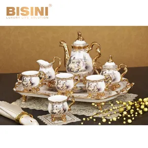 Luxe Europese 8Pcs Porselein Koffie Thee Set Met Gouden Decor Keramische Thee Pot En Cup Set