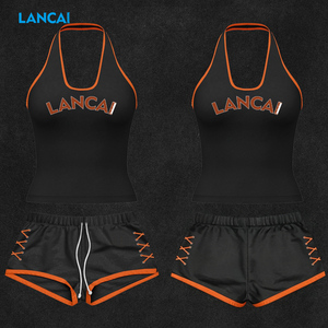 LANCAI Women's 2 Piece Outfit Colorblock Racerback Tank Top Lace-Up Drawstring Shorts Set Casual Workout Streetwear Matching - Product Image 2