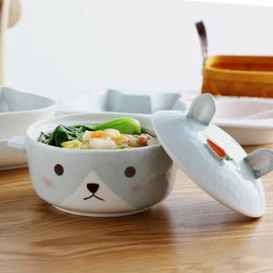 Bol à nouilles en céramique avec couvercle, grande capacité, double poignée, motif lapin, pour enfants et adultes, usage domestique - Product Image 1