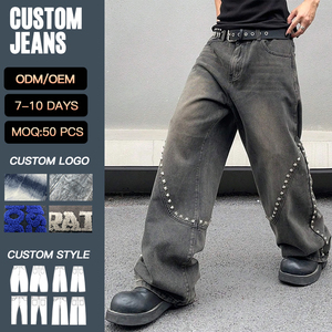 YUCE Jeans Vintage da Uomo all'Ingrosso, Modello Baggy in Denim Lavato a Sabbia, Gamba Curva, Stile Ballon con Borchie e Rivetti, Jeans Personalizzati Punk - Product Image 1