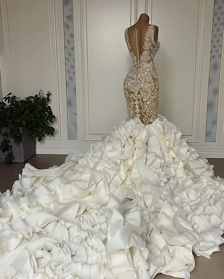 Mermaid Wedding Dresses Luxury Pearl Lace White Beaded Long Train Wedding  Dresses Women's Knife Pleated Skirt| Alibaba.com