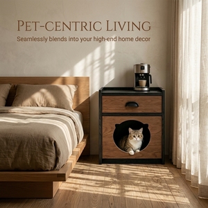 <span class=keywords><strong>Table</strong></span> <span class=keywords><strong>de</strong></span> chevet multifonctionnelle 2-en-1 en bois moderne avec tiroir et maison pour chat, mobilier pour animaux <span class=keywords><strong>de</strong></span> compagnie pour chambre/salon/appartement - Product Image 2