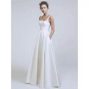 스파게티 스트랩 간단한 새틴 댄스 파티 드레스 A 라인 오픈 백 현대 신부 가운 이브닝 드레스