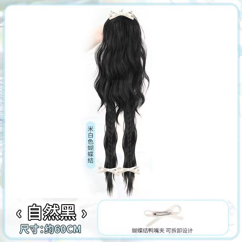 3 bow-knot wavy ponytails in natural black and beige color