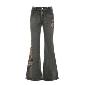 Y2K Breathable Low Rise <b>Flared</b> Denim Jeans with <b>Sequins</b> Embroidery Floral Pattern Vintage Streetwear Style - Product Image 6