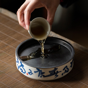 Ceramic <b>Tea</b> Pot Holder With Handwritten Poem Design Wood Ash Color For Kung Fu <b>Tea</b> <b>Set</b> Dry Brewing Tray Accessory - Product Image 2