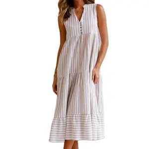महिलाओं गर्मी के कपड़े 2023 सफेद बह आकस्मिक बिना आस्तीन धारीदार सनी मैक्सी आरामदायक पोशाक
