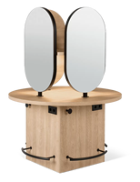 Station de coiffure ovale double face en bois avec miroir, en noyer moderne, avec tiroirs de rangement, pour salon de coiffure et maquillage