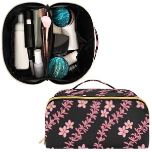 Organisateur de toilette de voyage en nylon durable noir/rose avec fermeture éclair dorée, motif de fleurs Puakenikeni, sac cosmétique personnalisé avec imprimé Hawaï - Product Image 2