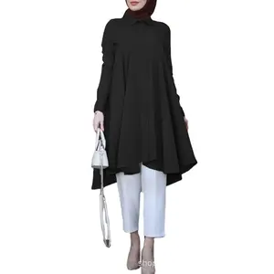 Áo cánh nữ hồi giáo áo cánh quần áo Hồi giáo Áo khiêm tốn Áo màu trơn nút cài áo cánh tay dài tay có viền cong