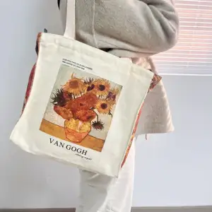 Şiir Lifest Van Gogh klasik ayçiçeği yağlıboya pamuk kanvas çanta Pop tarzı fermuar bir omuz alışveriş çantası Tote çanta