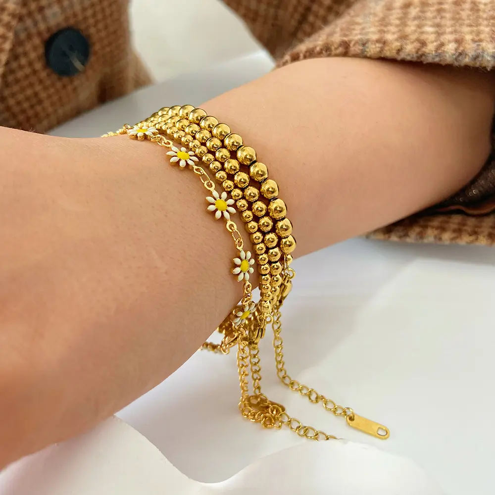 2023 Newest Non Tarnish 14K Gold Plated 3/4/5mm Beady Bracelet No Fade Stainless Steel Channeling Bead Bracelet For Man Woman