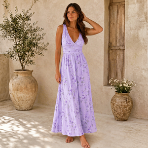 Robe longue florale lavande pour femme, sans manches, style bohème, pour l'été, élégante pour les invitées de mariage et les vacances à la plage - Product Image 1