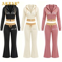 Ensembles en velours pour femmes 2026 – Sweat à capuche zippé personnalisé avec logo en strass et pantalon de jogging évasé – Ensemble de survêtement deux pièces en velours pour femme