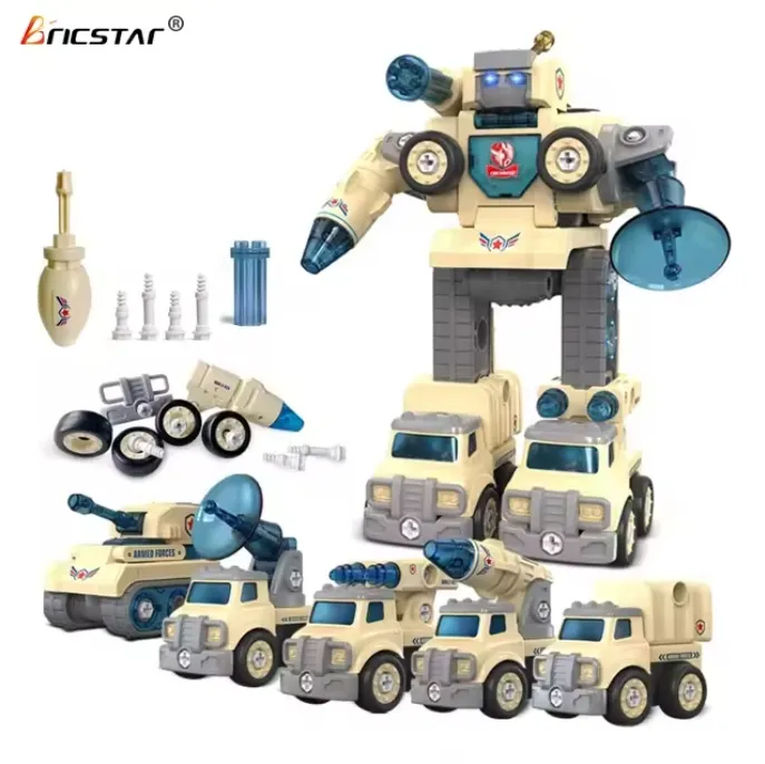 Bricstar Take Apart toy 5 IN1 military truck car deformation kids educational robot diy kit with sound and light