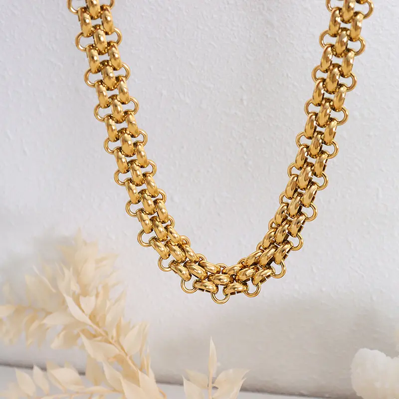 Em estoque conjuntos de joias para mulheres e meninas, colar com corrente grossa de aço inoxidável banhado a ouro 18K vintage exagerado
