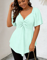 Kemeja Lengan Pendek Wanita Ukuran Besar Musim Semi Musim Panas Musim Gugur Polos 3D Kasual V-neck Berikat