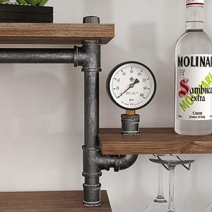 Étagère à tuyaux industrielle Casier à vin mural avec support en verre à 4 tiges Étagères de bar flottantes en métal rustique Étagère murale pour la cuisine - Product Image 6