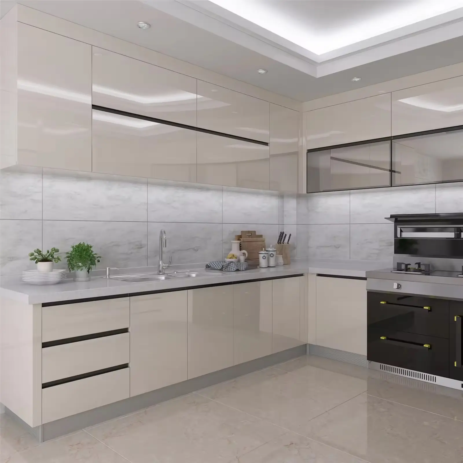 Armario de cocina modular de melamina HPL moderno de lujo duradero para muebles de cocina de casa residencial prefabricada