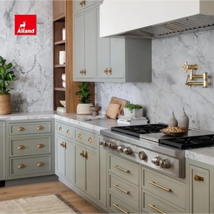 Alland Modern Shaker Design Door Blue Painted Solid Wood Cupboard <strong>Rustic</strong> Kitchen <strong>Cabinets</strong> With Island Quartz Countertop - Product Image 3