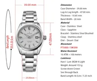 Montre Cronos pour homme en acier inoxydable 39 mm, mouvement automatique PT5000, cadran blanc, motif bouleau, maillons solides, verre saphir, 10 ATM