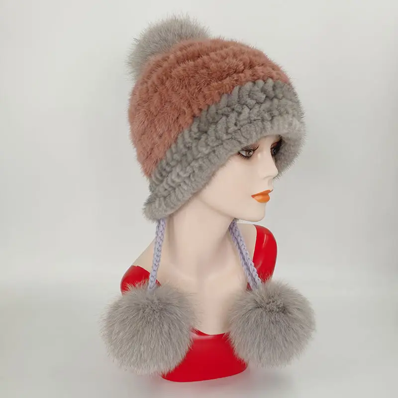 New Style Damen Nerz Pelz Strick mütze mit Fox Fur Ball Winter Ohren schützer Schutzkappe Russian Fox Fur Aviator Hat