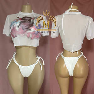 High Quality <strong>Women</strong> Knit <strong>Beach</strong> Wear Crop <strong>Shirt</strong>+Bra+Bikini Three Piece Batching Suits Lady Sexy 3 Piece Bikini Set Bathing Suit - Product Image 2