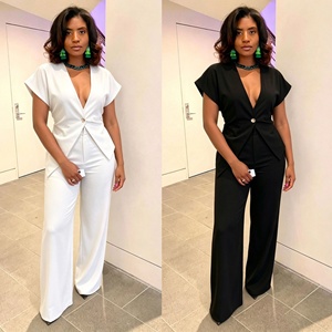 Ensemble <span class=keywords><strong>pantalon</strong></span> <span class=keywords><strong>tailleur</strong></span> <span class=keywords><strong>blanc</strong></span> élégant vintage à col en V profond pour femme, coupe large, 2 pièces, idéal pour invitées de <span class=keywords><strong>mariage</strong></span>, bureau et soirées club - Product Image 3