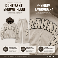 Ensemble de survêtement en molleton épais RAMAX avec broderie Lightning, capuche contrastante beige et marron, coupe oversize, vente en gros, usine OEM