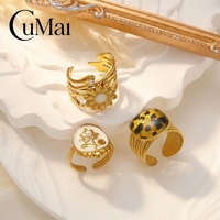 CUMAI Bagues ouvertes en acier inoxydable plaqué or 18 carats avec fleur de rose, léopard et perle pour femme, style vintage, étanches, inaltérables, cadeau