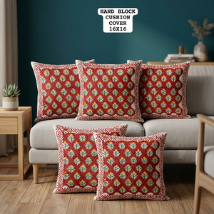 PRABHAVA Hand Block Bohemian Vintage Floral Cotton 400TC Washable Customizable <b>Throw</b> <b>Pillow</b> Cover 16x16 Square Zipper Decor - Product Image 3