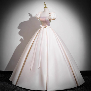 Champagne Ball Gown Square Neck Empire Waist Satin Evening Dress For Women Adult Birthday Princess Style 588 - Product Image 3