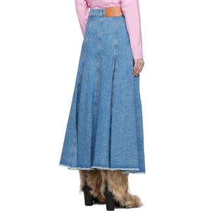 Hot Sell Pleated Raw Edge at Flared Hem Non-stretch Cotton & Hemp-blend Denim Long Skirts Women Sexy - Product Image 5
