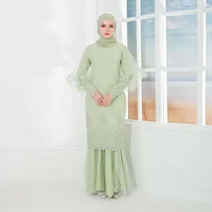 Dantel kız bayan giyim basit tarzı müslüman Kurung parlama kollu Pakistan iki parça takım elbise Baju Kebaya kadın elbiseler İslam