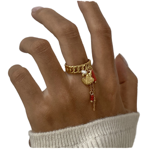 Bague ajustable pour femme en acier inoxydable plaqué or 18 carats avec coquille texturée <span class=keywords><strong>Cora</strong></span> et cristal - Product Image 1