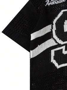 Người Đàn Ông Mùa Xuân Và Mùa Hè Mới Cao Đẳng Phong Cách Tương Phản Màu Sắc Mô Hình Kỹ Thuật Số Vòng Cổ Ngắn Tay Áo Crochet Knit Top - Product Image 5