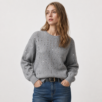 Pull en maille gris pointelle pour femme, manches longues, col rond, marque privée, vente en gros